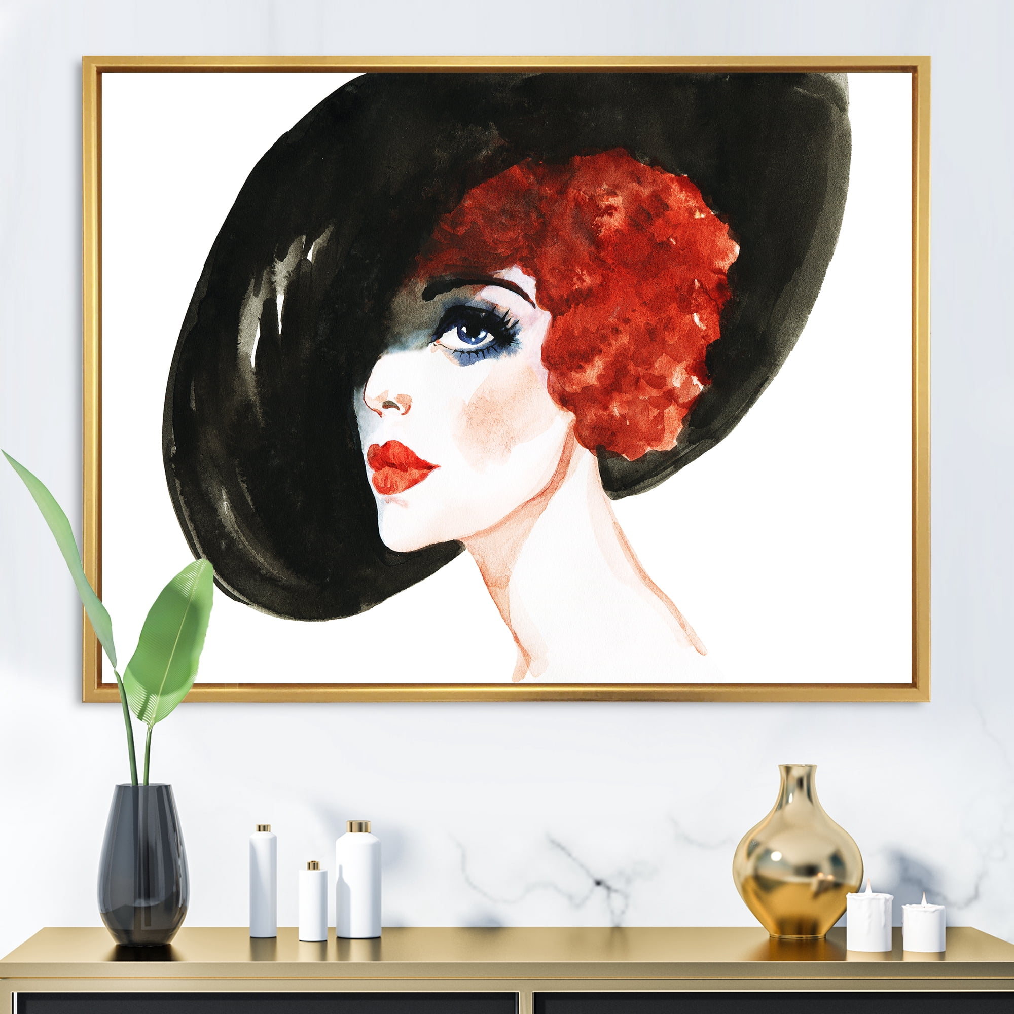 Designart 'Portrait of Woman Red Head Lady In Hat' Modern Framed Canvas Wall Art Print