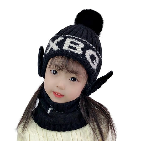 

BIZIZA Baby Hats Toddler with Scarf Caps Cute Beanie Letter Print Pompom for 2-8Y Kids Black One Size