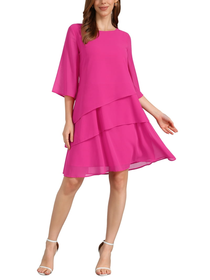 Inspire Chic Women's Chiffon Dress Ruffle Tiered Flowy 3/4 Sleeve A-Line Knee Length Dress M Hot Pink, Size: Medium Inspire Chic Women's Chiffon Dress Ruffle Tiered Flowy 3/4 Sleeve A-Line Knee Length Dress M Hot Pink, Size: Medium