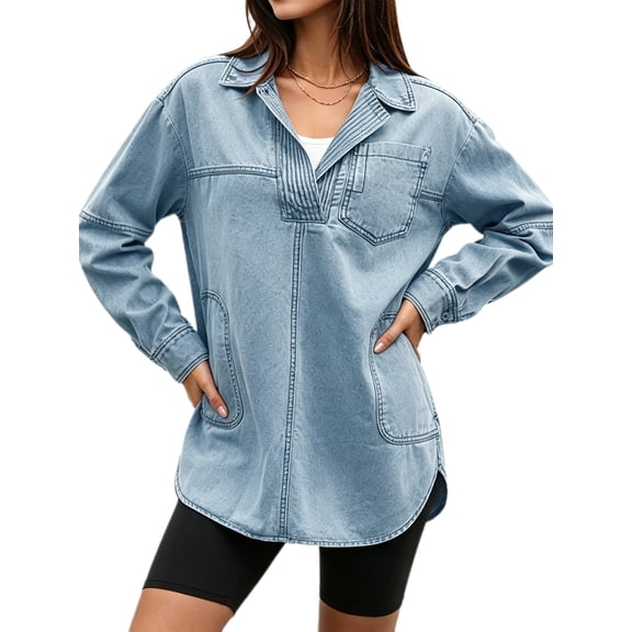 Spring Fall Women Long Sleeved Loose Denim Blouse Oversize V-neck Jeans Jacket with Pocket