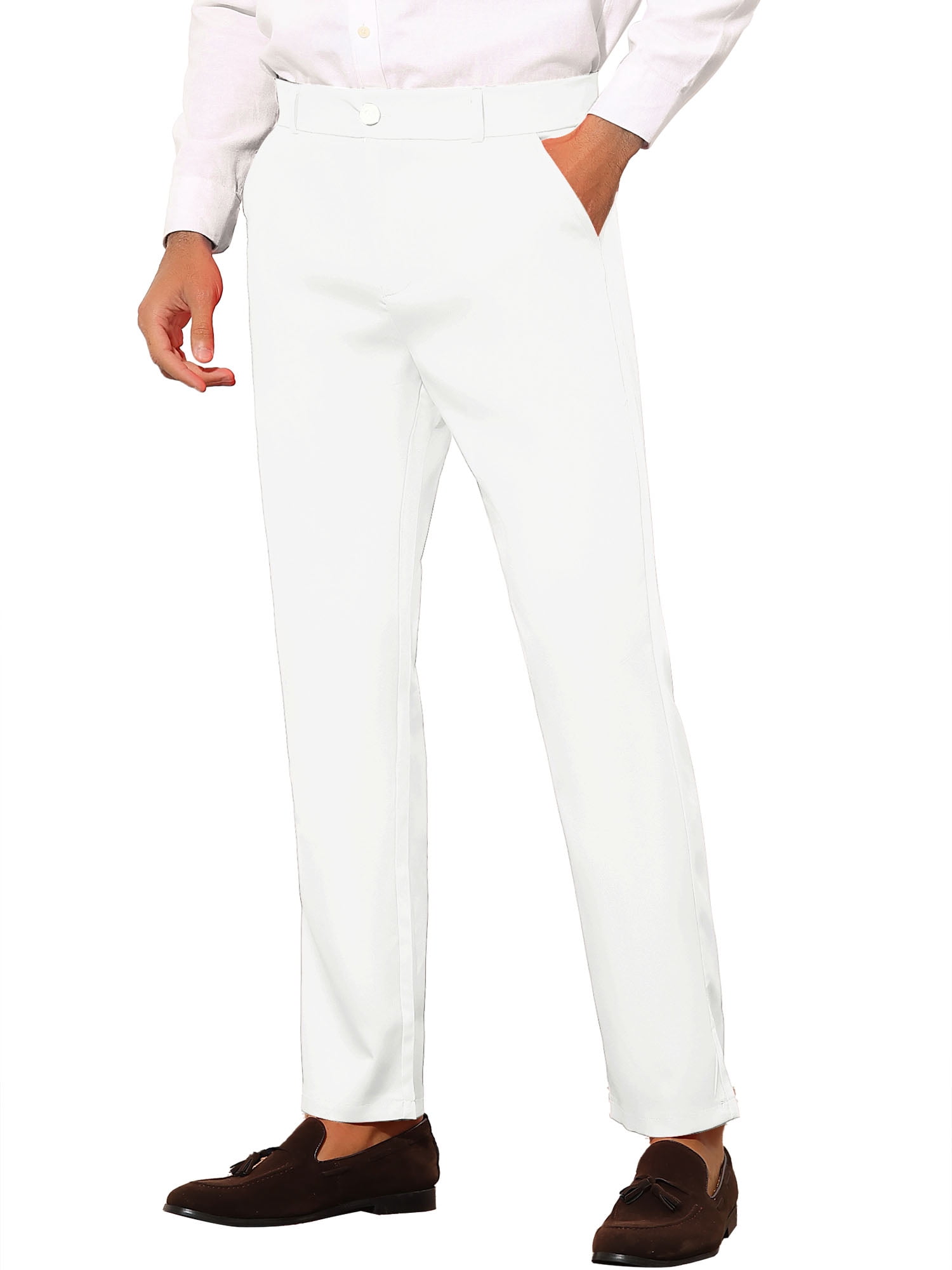 Unique Bargains Men's Slim Fit Trousers Flat Front Solid Color Business Pants 30 White