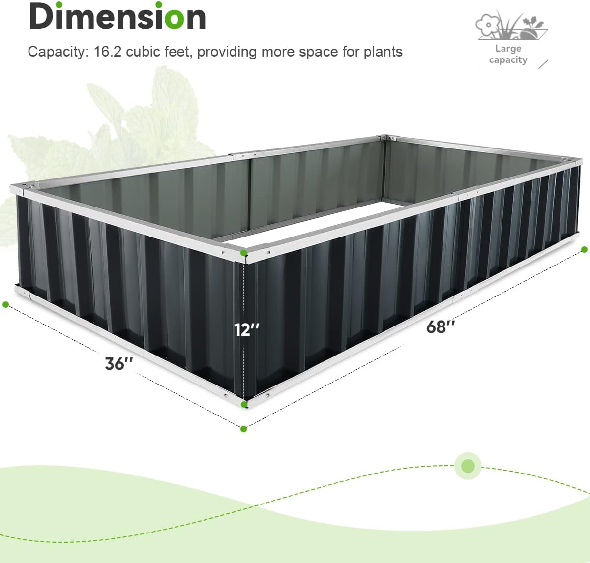 KING BIRD Raised Garden Bed 68" Lx 36" Wx 12" H Galvanized Garden Planter Box Kit Dark Gray 6x3x1ft