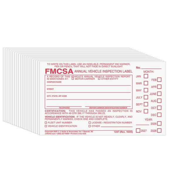 Annual Vehicle Inspection Label with Punch Boxes 20-pk. - Vinyl Permanent Self Adhesive - Meet DOT AVIR Requirements