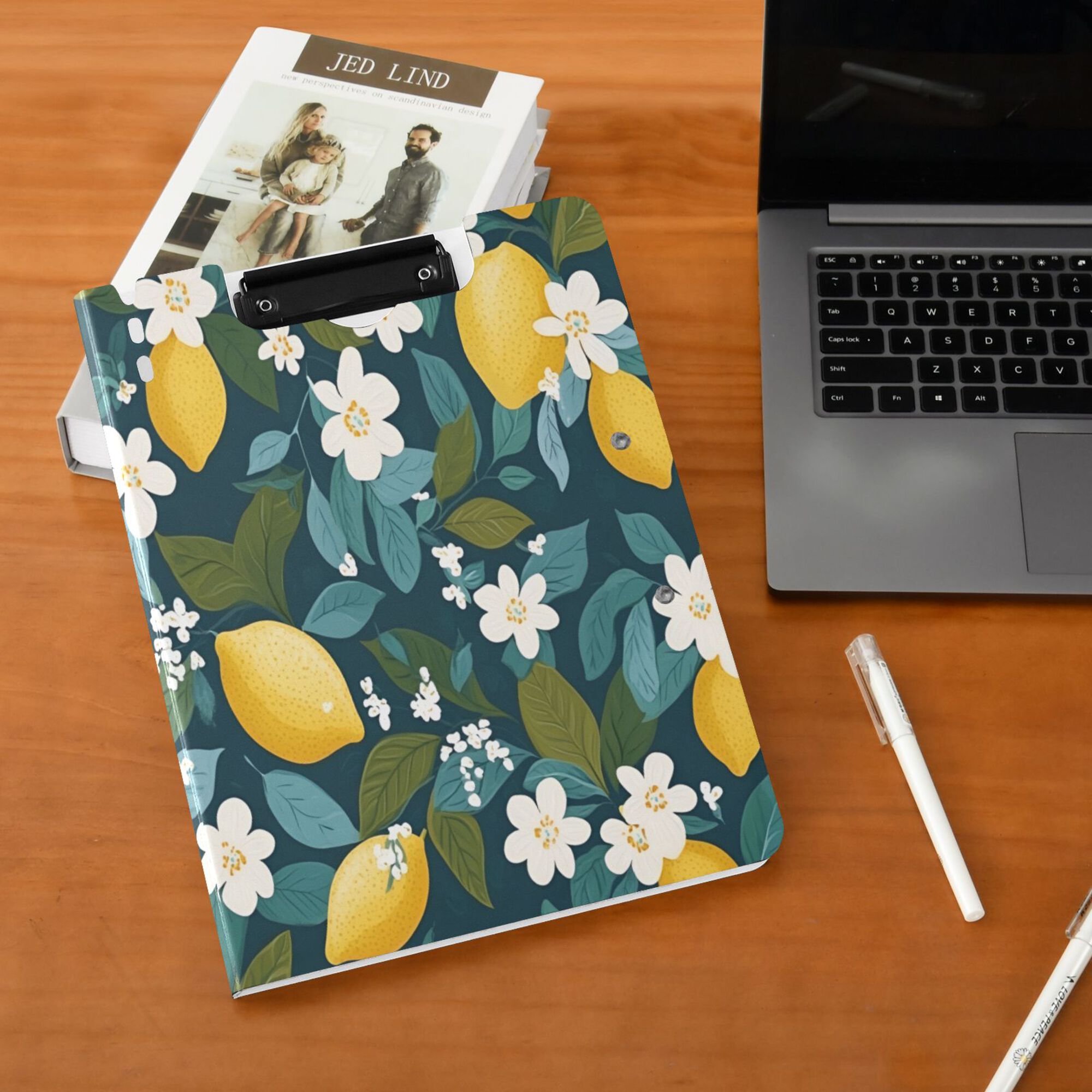FORMRS A4 Clipboard Folder with Pen Holder Horizontal Foldable School Office Binder, Green Lemon Leaves
