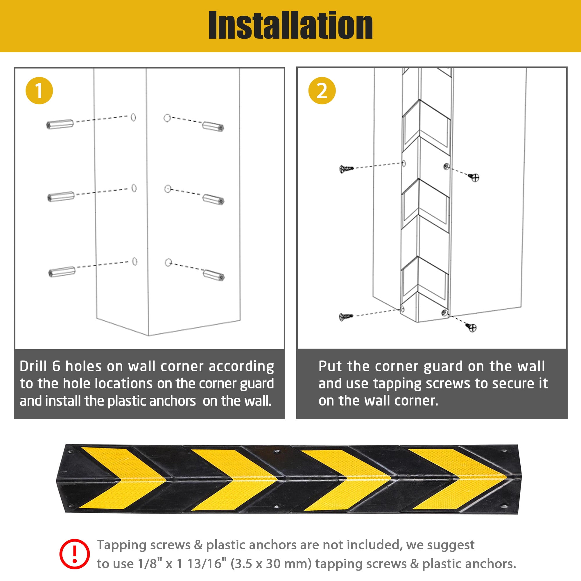Yescom 31" Rubber Corner Guard w/ Reflective Yellow Strips for Parking Columns and Garage Walls 2pcs