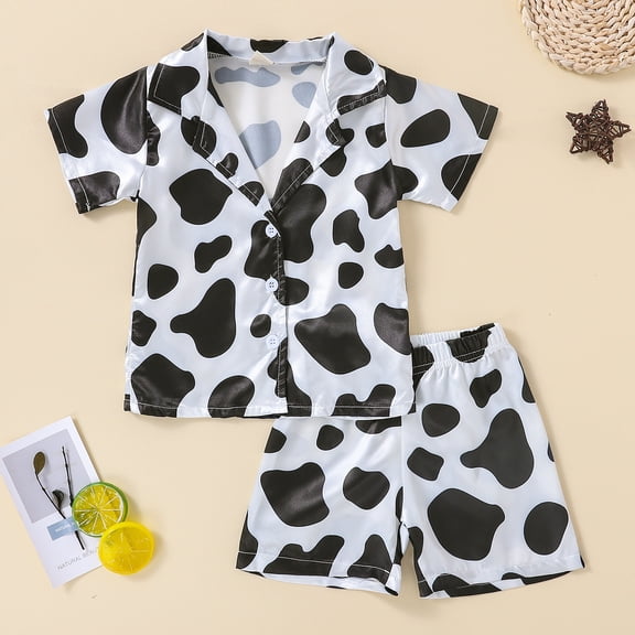 Trendfront Girls Cow Graphic Print Outfit Set Turn-Down Neck Short Sleeve Shirt Summer 2 Piece Fashionable Casual Kids Clothing Everyday Wear 1Y-6Y Clothes Set