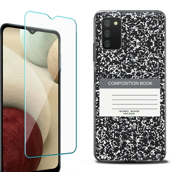 Slim-Fit Protective Fashion Phone Case (Black) for Samsung Galaxy A03s, with Tempered Glass Screen Protector, by OneToughShield ® - Composition Book