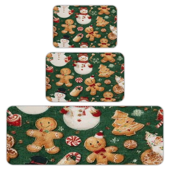 RKSupls Kitchen Rug Set 3 Piece Anti-Slip Flannel Floor Mats, Gingerbread Snowman Cookies Washable Absorbent Runner Mats for Kitchen Bathroom Home Decor