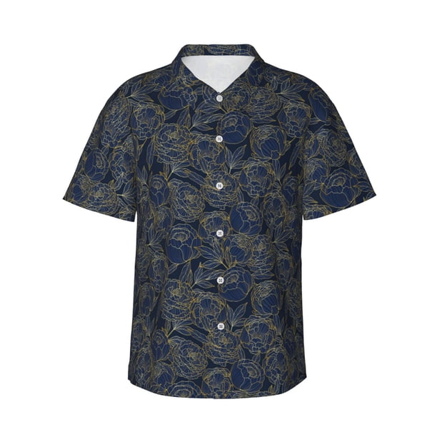 Balery Golden Peonies Camisas hawaianas de manga corta para hombre, camisas playeras de corte holgado, camisas de vacaciones con botones,Large