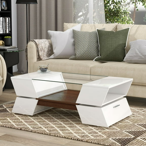 Dovelina 6mm Glass-Top Coffee Table with Open Shelves & Cabinets, Geometric Style Cocktail Table with Great Storage Capacity, Modern 2-Tier Center Table for Living Room, White