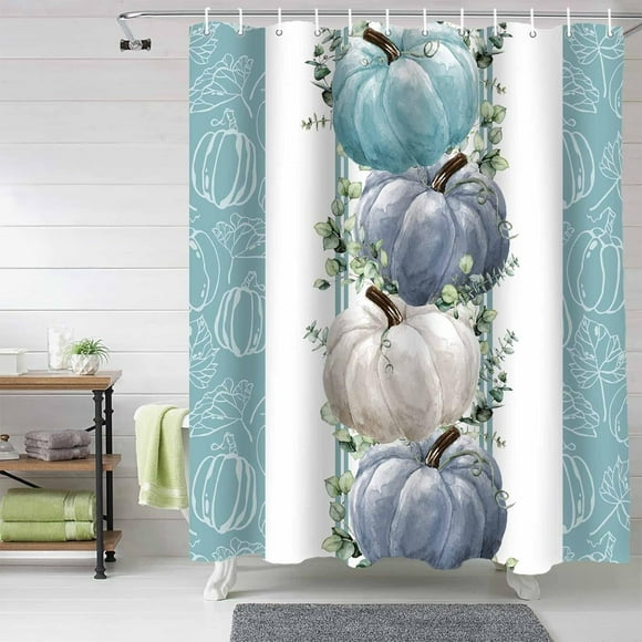 Rideaux de Douche d'Automne pour l'Action de Grâce pour Salle de Bain, Rideau de Douche en Tissu Citrouille avec Crochets, Ensemble de Rideau de Douche en Polyester Imperméable Feuilles d'Eucalyptus Sarcelle et Blanc, 36"x72 Pouces Rideaux de Salle de Bain Boho Décoration