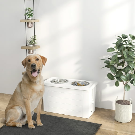 PawHut Elevated Dog Bowls, Pet Feeding Station with Slow Feeder Mat, Storage Cabinet, 3 Stainless Steel Bowls for Large & Extra Large Dogs, White
