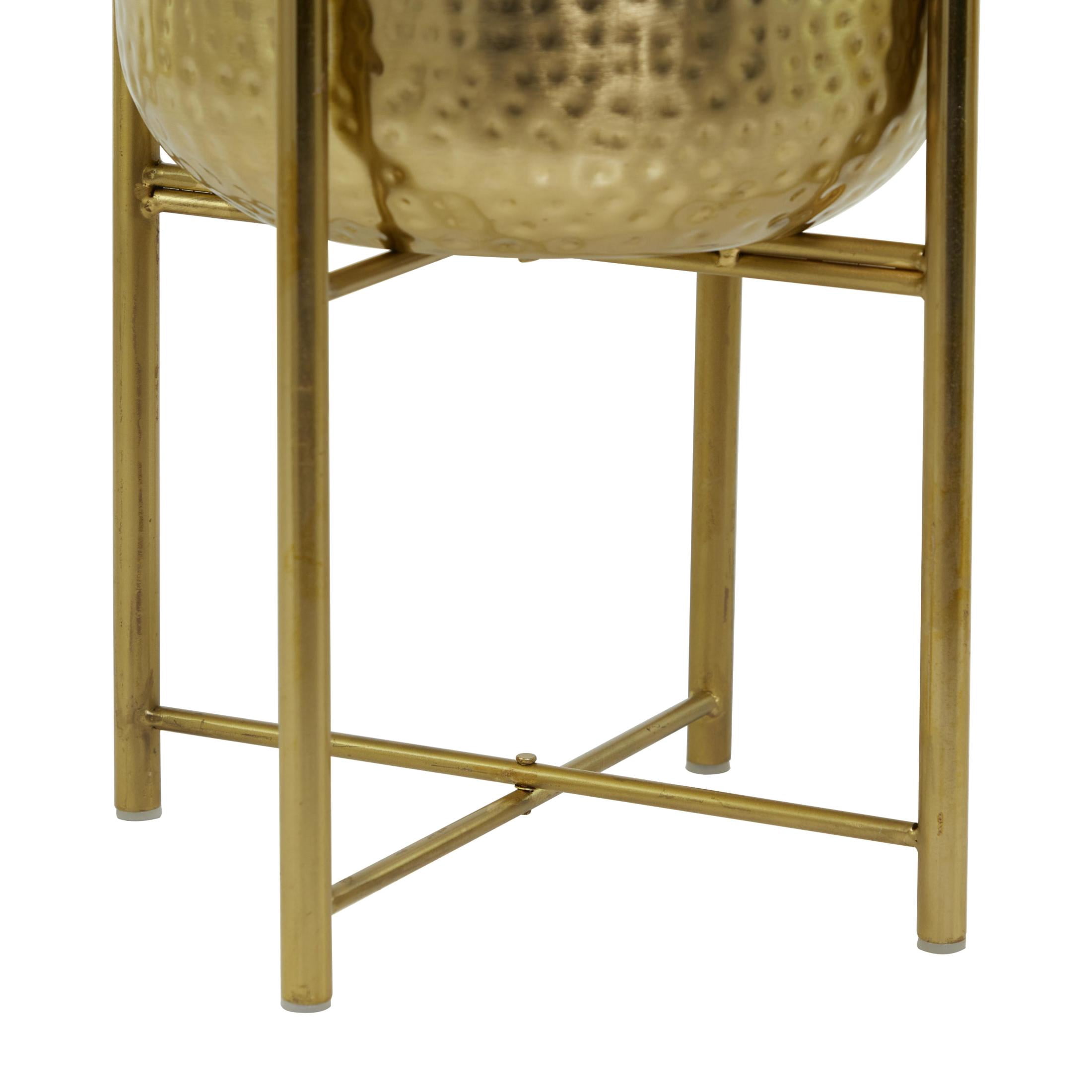 CosmoLiving by Cosmopolitan 17", 19"H Deep Recessed Hammered Dome Gold Metal Planter with Removable Stand (2 Count)