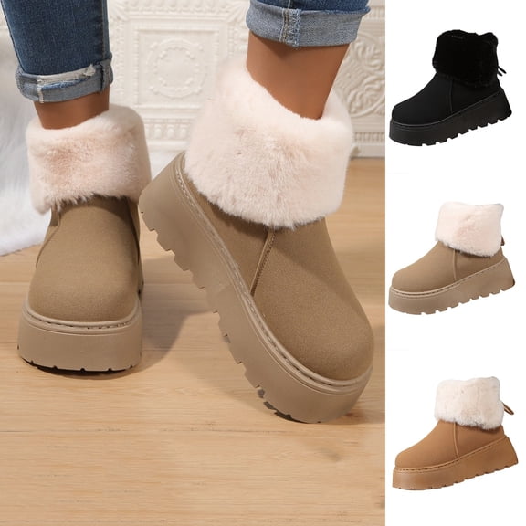 Boots for Women Fleece-Lined Round Toe Thick Sole Flatform Ankle Snow Boots Women Winter Fall Fashion Warm Comfortable Booties for Casual Outings Daily Work