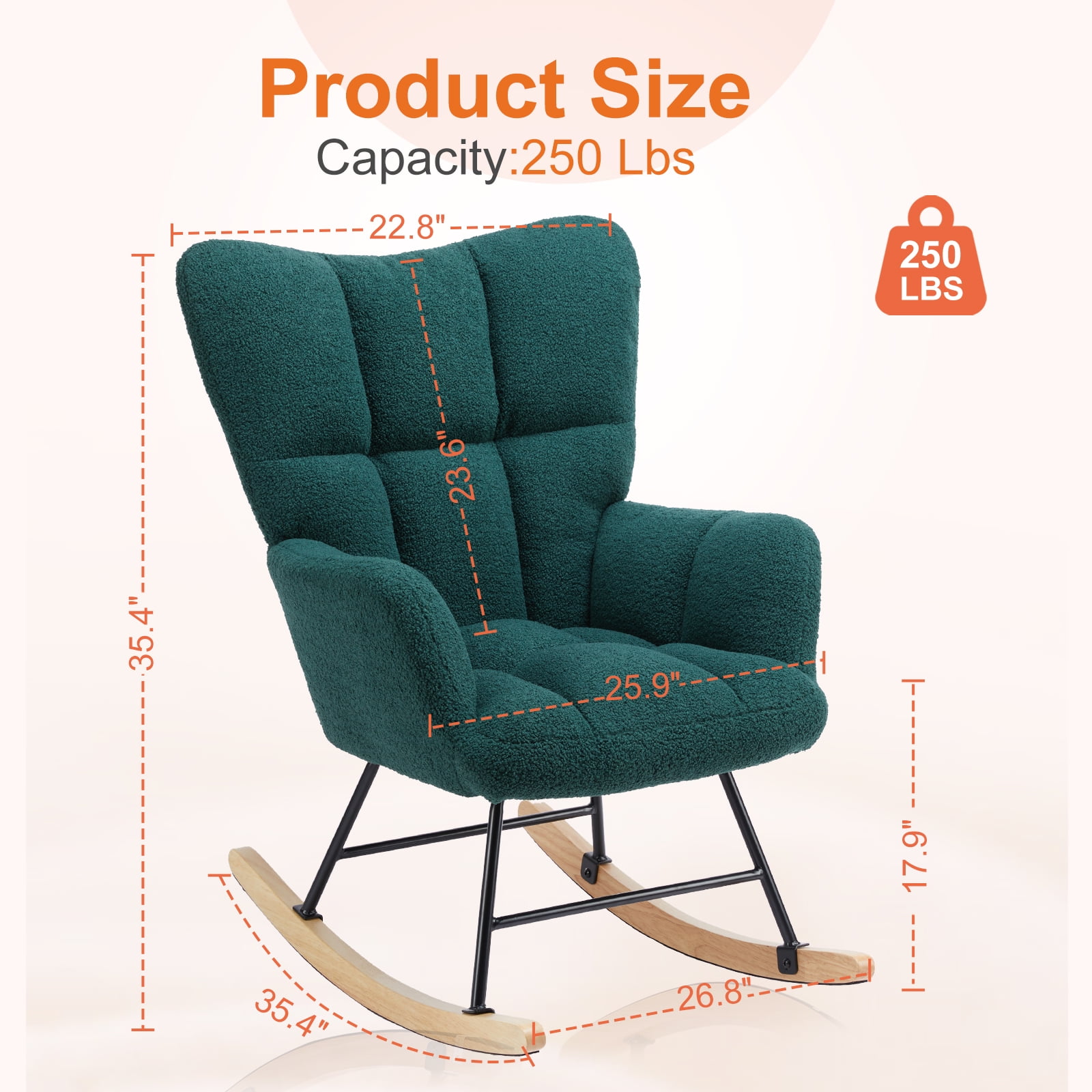 EDX Modern Rocking Chair, Teddy Upholstered Glider Rocker with High Backrest and Armrests for Living Room & Bedroom, Green