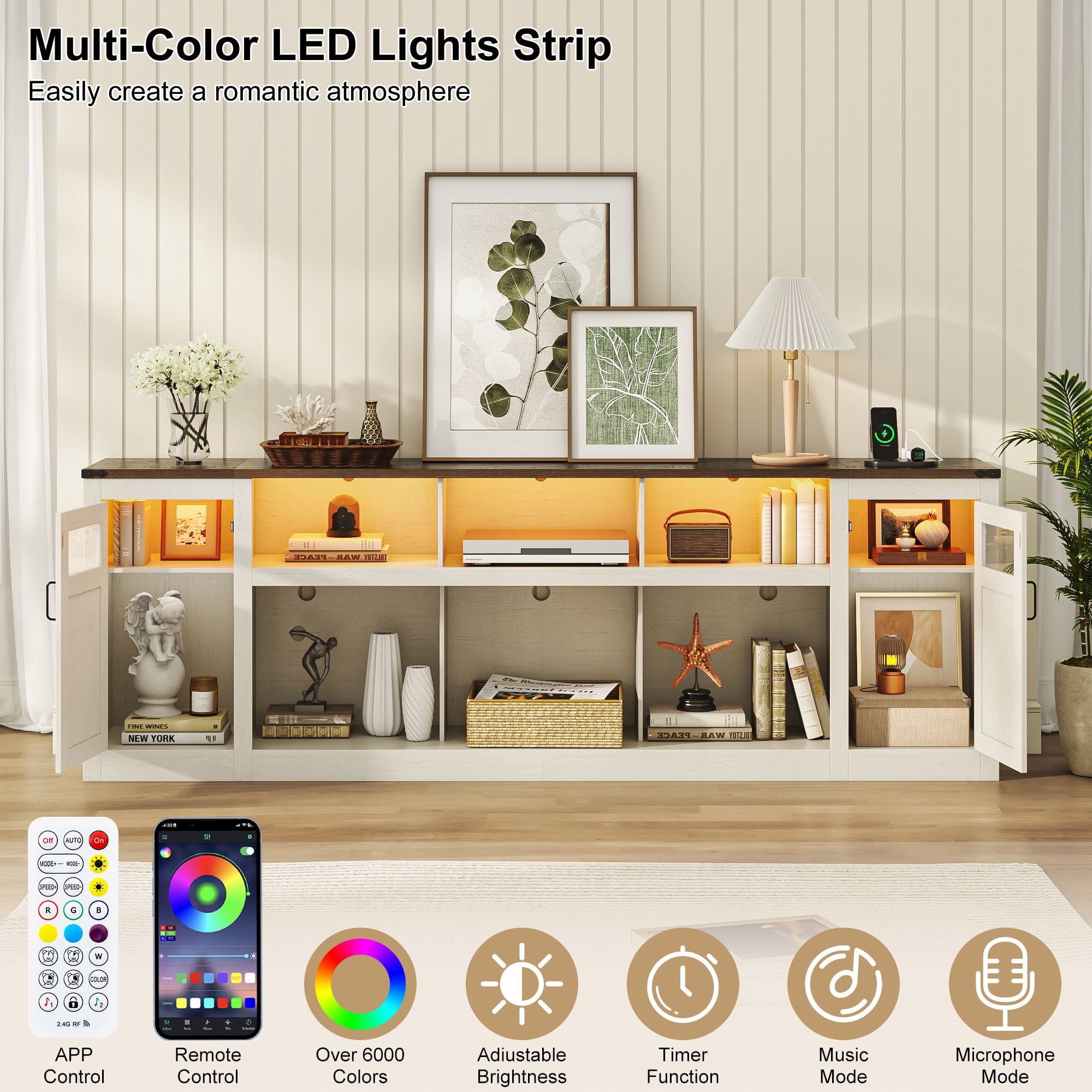 ChVans 95" Farmhouse TV Stand for 90/100"TV with LED Lights and Power Outlets, Large Entertainment Center with 2 Barn Doors Storage Cabinet & 6 Semi-Open Compartments for Living Room, White