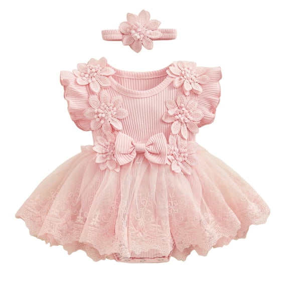 Vdoaml Infant Flutter Sleeve Romper Dress Bow Headband 2 Piece Set Baby Girls Lace Mesh Dresses Newborn Tutu Skirt 12-18 Months Red