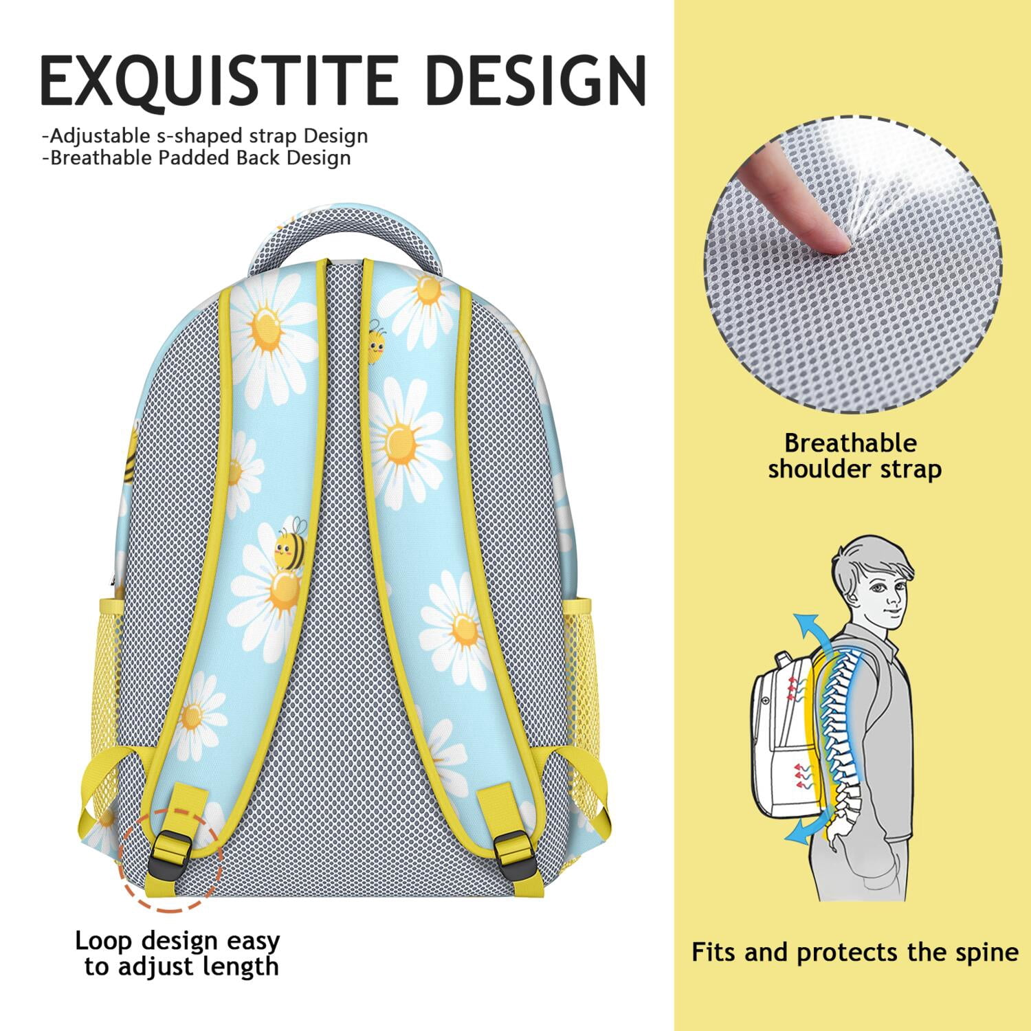 Floral Daisy Pattern Backpack - Vintage & Stylish with Mesh Shoulder Straps for Comfort
