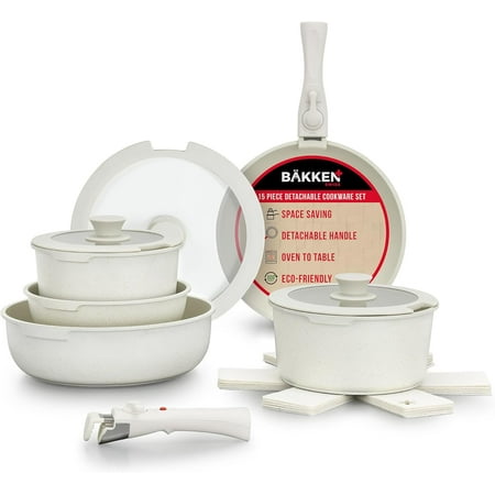 Bakken 15-Piece Non-Stick Cookware Set with Detachable Handles – Granite Stackable Pots and Pans Set, Dishwasher Safe, Oven-Safe, and Compatible Kitchen Essential for All Stoves – Cream