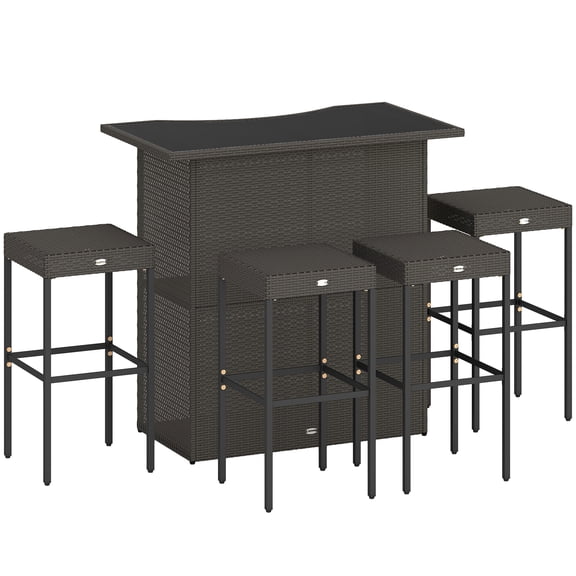 Rattan Bar Set Outdoor 5 Piece, High Top Patio Table & Chairs, Bar Height Furniture with Shelves & 4 Stools, Brown