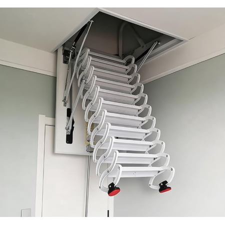 Ceiling Mount Attic Ladder, Retractable Attic Ladder Ceiling Pull Down System, 12 Steps Folding Loft Step with Armrests, Hidden Mount Attic Extension Stairs for Garage