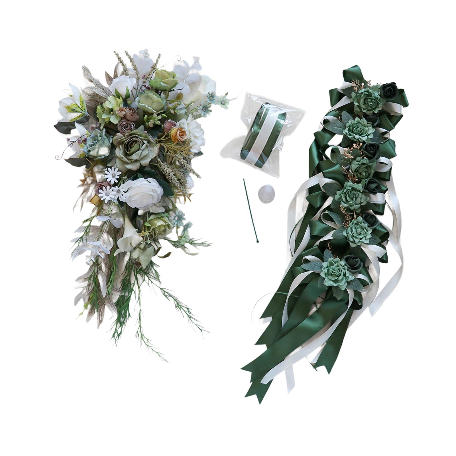 Tachiuwa Wedding Car Decoration Set Artificial Flowers Easy Installation Elegant Wedding Car Ribbons and Bows for Ceremony Accessories Green