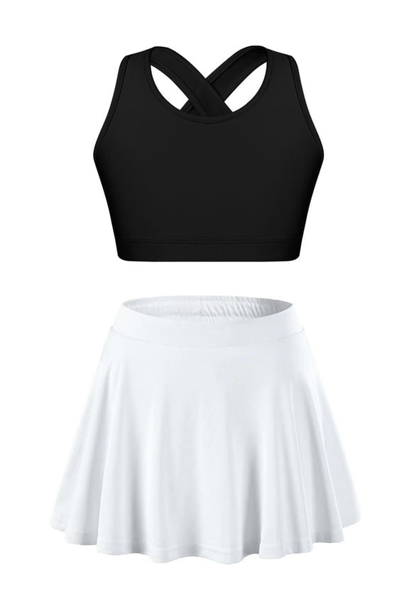 Kids Girls Crop Tank Top and Tennis Golf Skirt with Built-in Shorts Set Workout Athletic Black&White 8