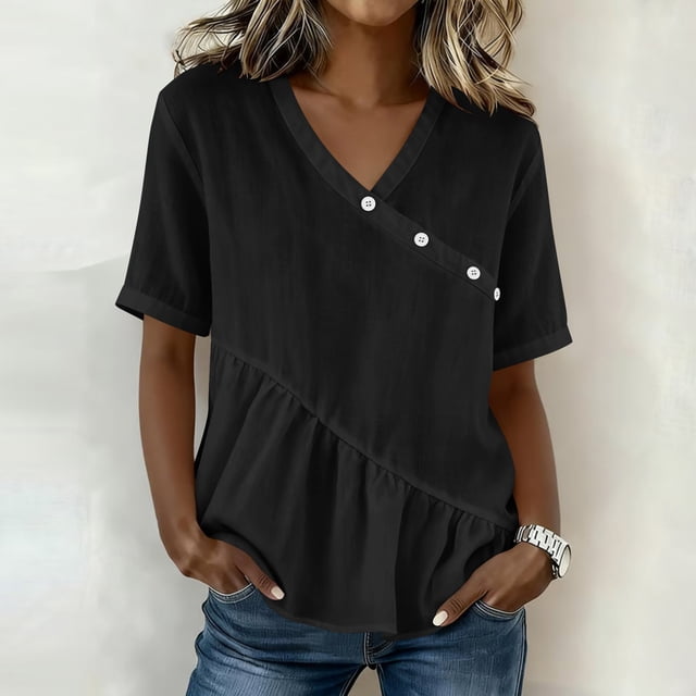 Craaazy Women's Plus Size Versatile Solid Color Cotton Linen V-Neck Short Sleeve T-shirts with Ruffle Trim for Daily Wear