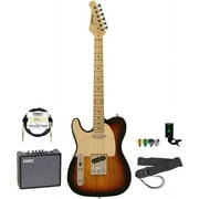 Sawtooth ET Series Electric Guitar with Sawtooth 10 Watt Amp and ChromaCast Accessory Bundle, Sunburst with Aged White Pickguard
