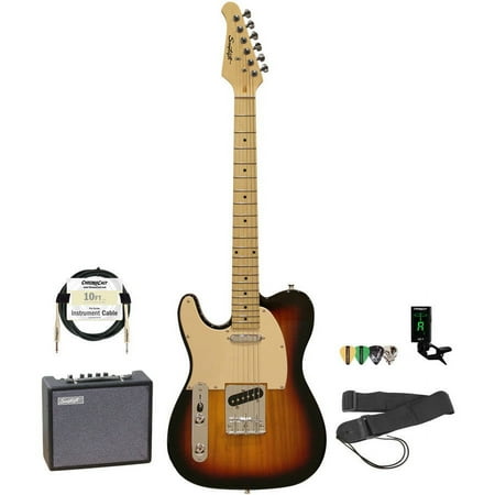 Sawtooth ET Series Electric Guitar with Sawtooth 10 Watt Amp and ChromaCast Accessory Bundle, Sunburst with Aged White Pickguard