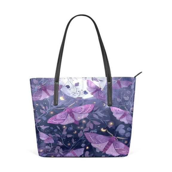 Tote Bag Aesthetic leather Handbags with Zipper for Women Travel Shoulder Bags Purses with compartment. Purple Lilac Moths