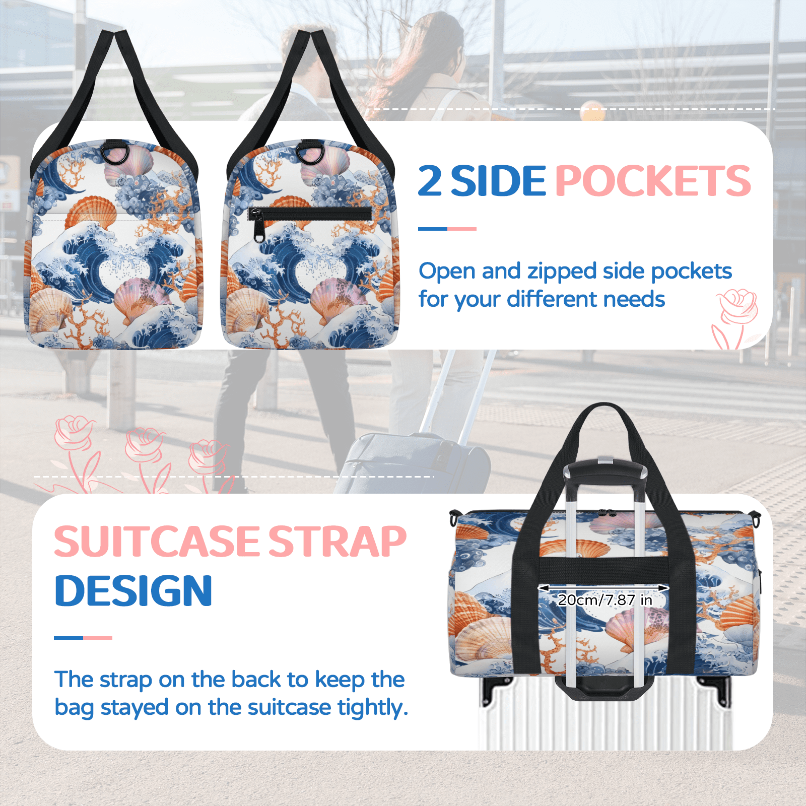 Herdesigns Nautical Coastal Starfish Seashell Gym Bag for Women, Duffle Bag for Travel Sport, Lightweight Waterproof Carry on Weekender Overnight Dance Yoga Workout Bags