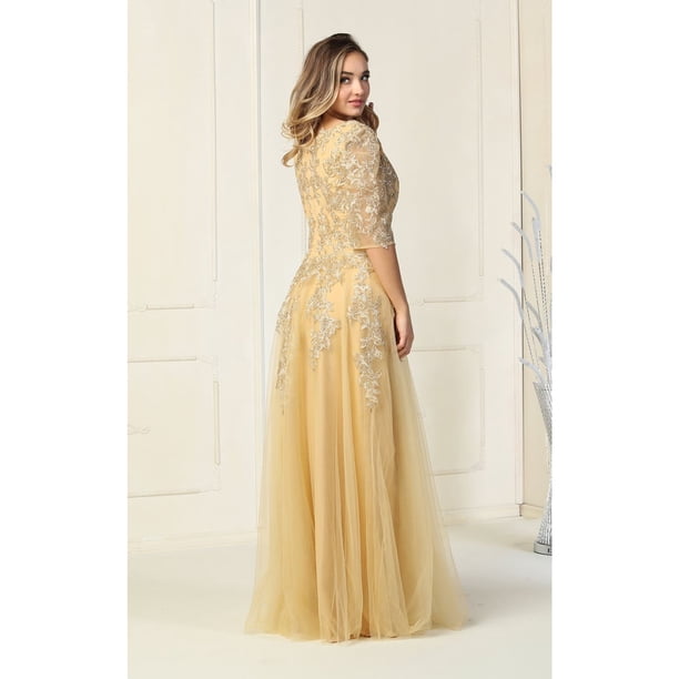 gold mother of the bride dress plus size Womens Formal Evening Long V Neck Short Sleeve A-Line colourway-sofie