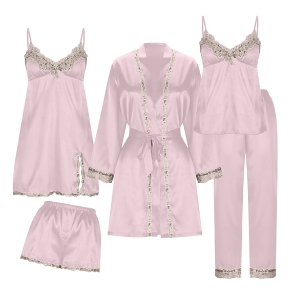 Women's 5-Piece Satin Pjs Sets Sexy Lace Pajamas Long Nightgown Mid-Length Spaghetti Sleep Dress Cropped Suspenders Night Dresses Full-Length Bottom and Short Stylish Casual Outfits