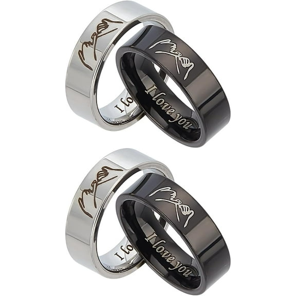 4Pcs Word I Love You Titanium Steel Couple Finger Rings Size 7 Classic Plain Lovers Couple Wedding Rings Wide Band Rings Real Love Promise Rings for Jewelry Gift Black Stainless Steel Color