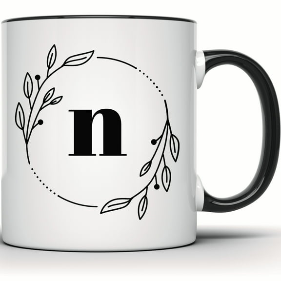 Letter N Mug - Floral Wreath Initial N Coffee Mug - Personalized Custom Mug - Unique Gifts for Her or Him - 11 Ounce Black Rim Handle Novelty Coffee Cup - WMUG0390-Black Rim