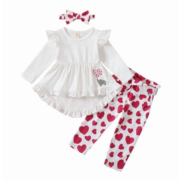 SonxaHe Infant Girl' Outfits Valentine's Day Heart Prints Ruffles T Shirt Pants Headband Sweet Cozy Party Outfits,3-Piece White,Sized 12-18 M