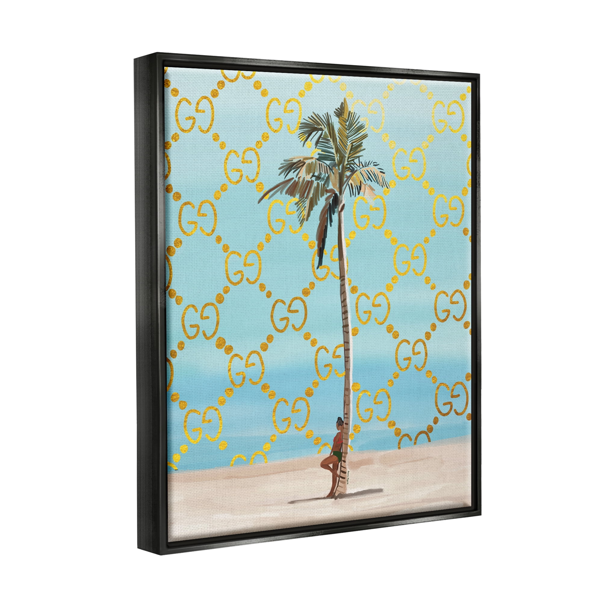 Stupell Industries Glam Pattern Palm Tree Botanical & Floral Painting Black Floater Framed Canvas Art Print Wall Art, 17 x 21
