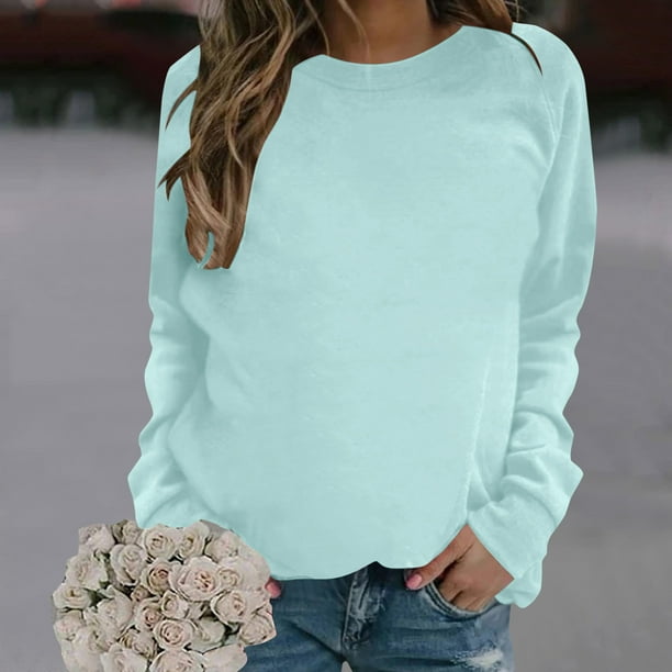 SUWHWEA Sweatshirts,Fashion Women's Casual Long Sleeve Round Neck Solid  Ladies Sweatshirt Tops Blouse Mint Green XL