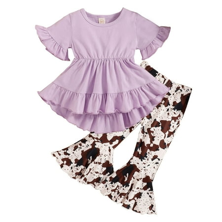 

Kids Sets Clothing For Toddler Girls Leopard Patchwork Printed Short Sleeve Tops Leopard Flare Pants Outfits Dailywears Comfortable Loose Fittness Sets