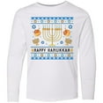 thumbnail image 3 of Inktastic Happy Hanukkah Sweater Style Design with Menorah and Dreidel Long Sleeve Youth T-Shirt, 3 of 5