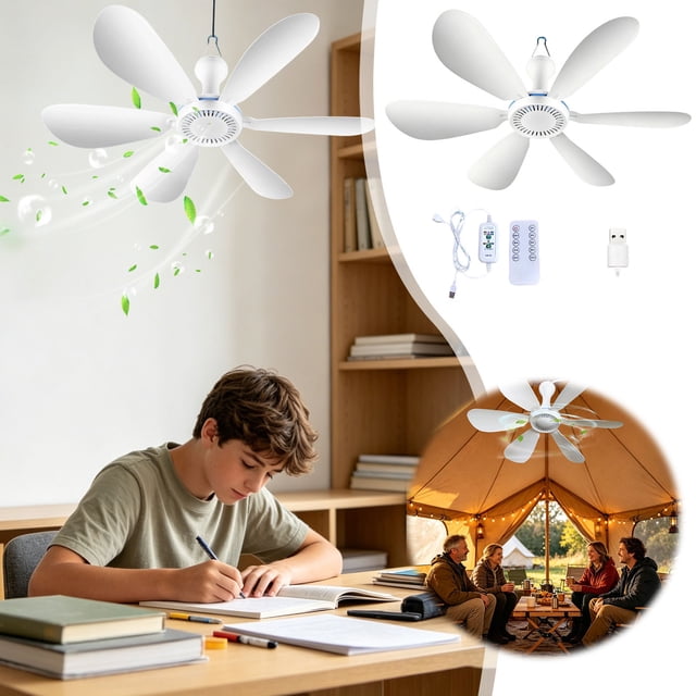 Outdor Ceiling Fan For Cruise Portable Ceiling Fan USB Powered Ceiling Fan With Remote Control 4 Speeds 6 Hanging Fan For Camping Bed RV Tent Room