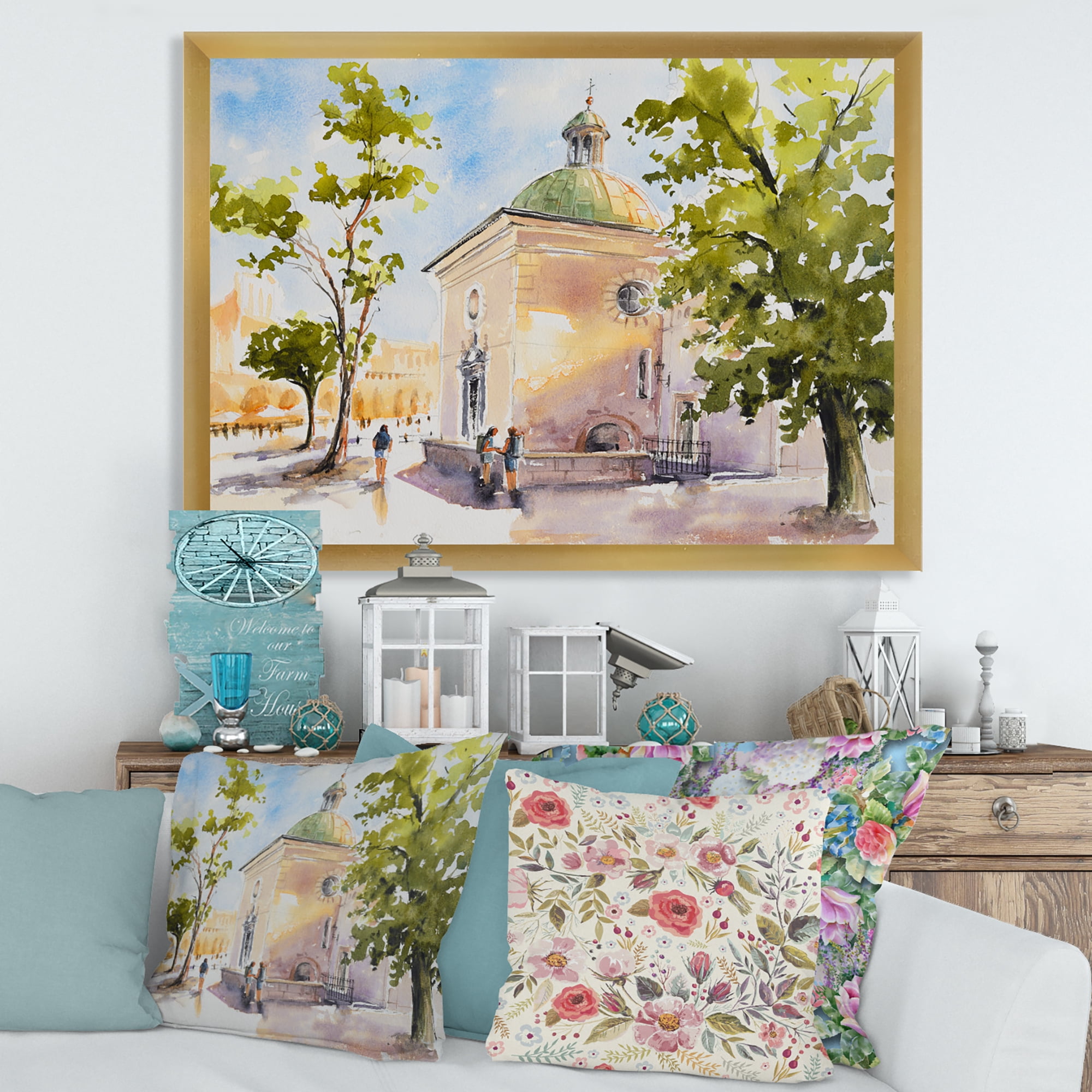 Designart 'People At Rustic Church In The Village' Country Framed Art Print