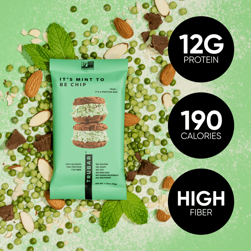 TRUBAR Protein Bar, It's Mint to Be Chip, Plant Based Protein, Vegan, Gluten Free, Kosher, 12 Count (Box)