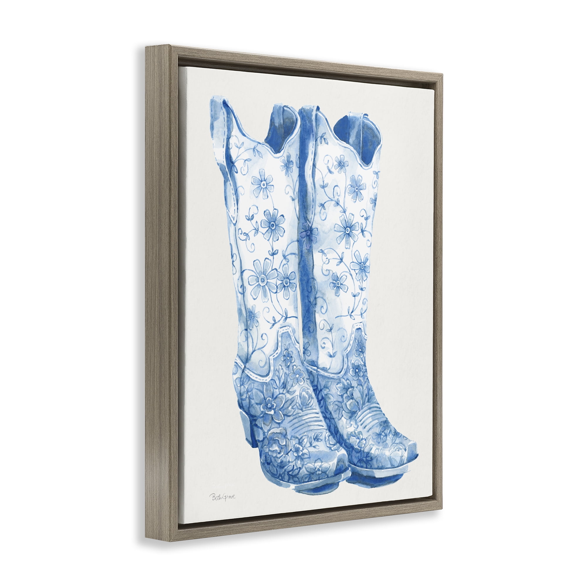 Stupell Industries Blue Boots with Floral Embroidery Brown Framed Floater Canvas Wall Art, design by Beth Grove