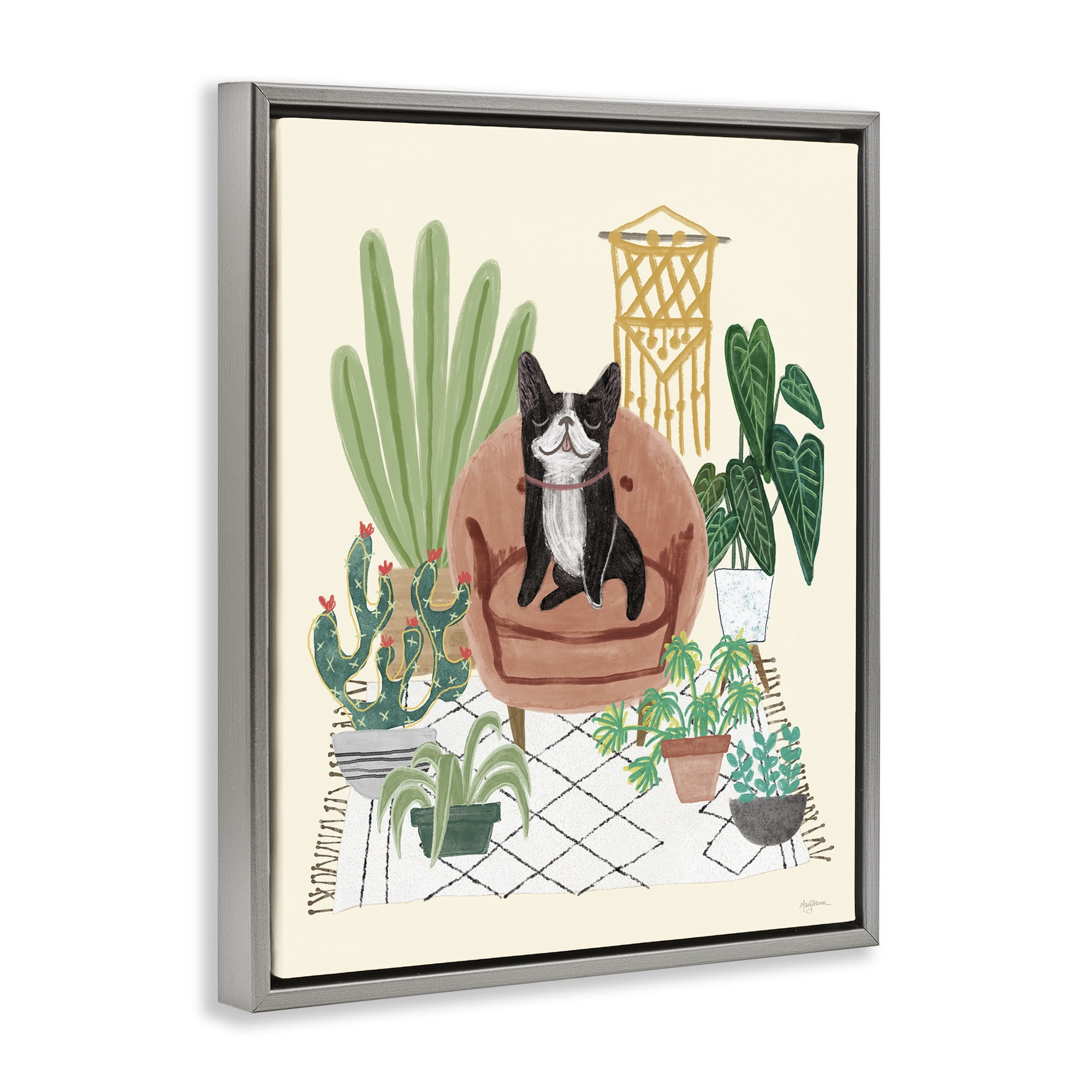 Stupell Industries French Bulldog & Plants Animals & Insects Painting Gray Floater Framed Canvas Art Print Wall Art, 17 x 21