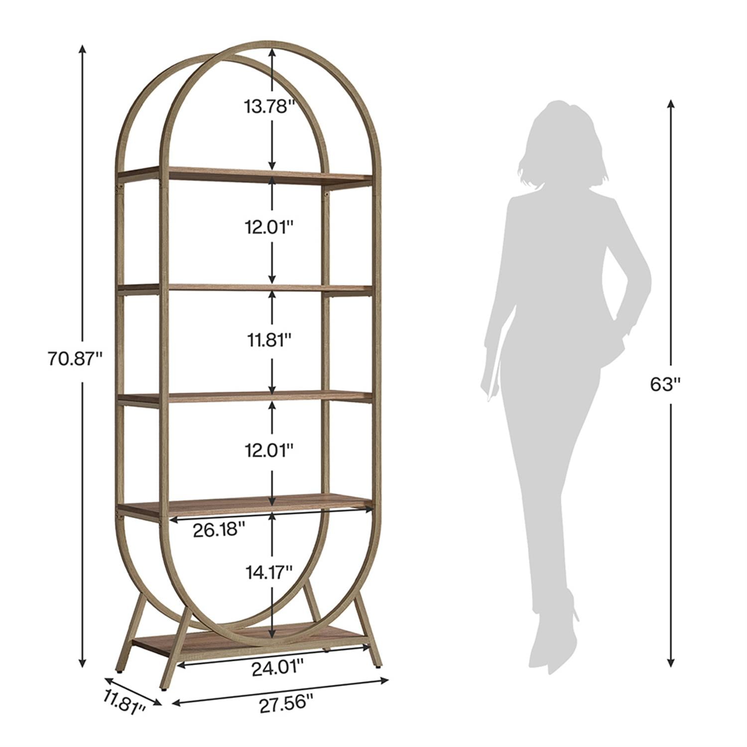 Demi Bonn 5 Tier Open Bookshelf, Wood and Metal Bookcase Storage Organizer, 71" Tall Arched Display Standing Shelf Unit for Bedroom, Living Room, Beige
