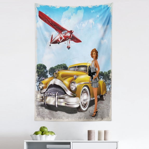 Pin up Girl Tapestry, Retro Grungy Framed Illustration of Biplane and Classic Car and a Girl Standing, Fabric Wall Hanging Decor for Bedroom Living Room Dorm, 5 Sizes, Multicolor, by Ambesonne
