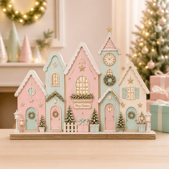 Personalized Pastel Christmas Village 2 Layer Wooden Standing Sign