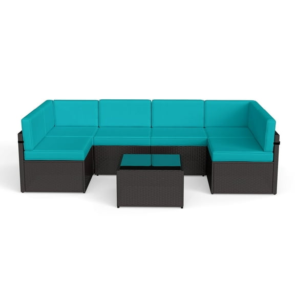 Kinbor 7PCS Outdoor Patio Rattan Wicker Furniture Set Sectional Sofa Couch Cushioned, Turquoise